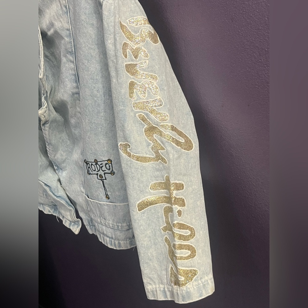 RIO Beverly Hills airbrushed glitter crystals bolero crop jean denim jacket 1990 - Picture 5 of 11